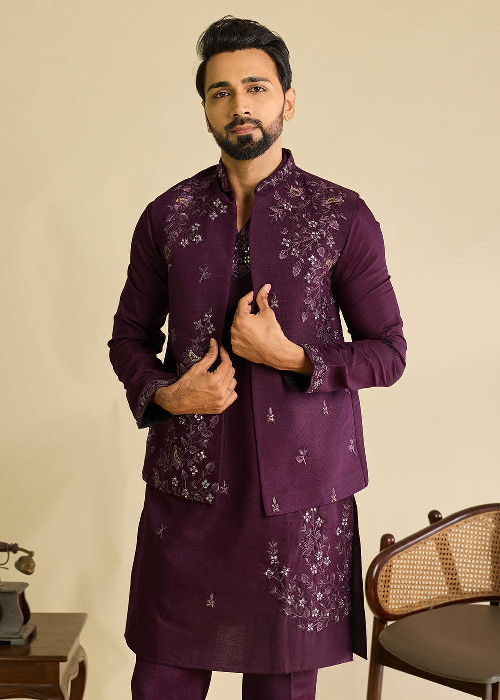 Mulberry Purple Silk Kurta Pajama &amp; Koti Set with Intricate Mirror &amp; Thread Artistry