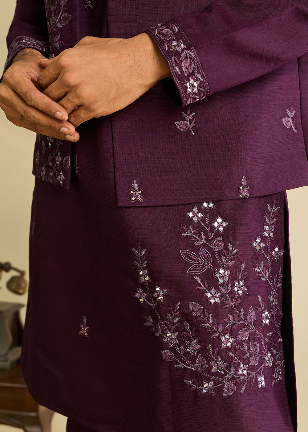 Mulberry Purple Silk Kurta Pajama &amp; Koti Set with Intricate Mirror &amp; Thread Artistry