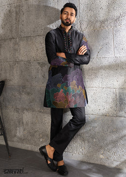 Grease Black Silk Festive Kurta Pajama Set with Intricate Sequin Detailing