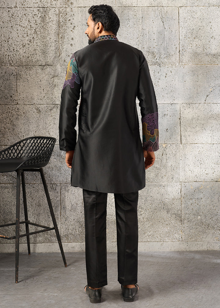 Grease Black Silk Festive Kurta Pajama Set with Intricate Sequin Detailing