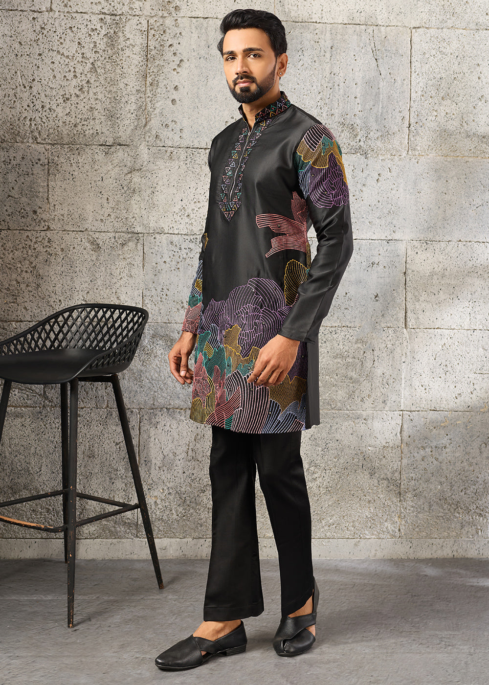 Grease Black Silk Festive Kurta Pajama Set with Intricate Sequin Detailing