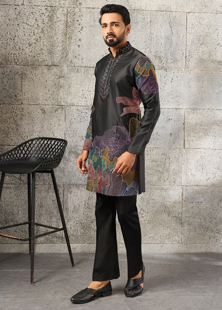 Grease Black Silk Festive Kurta Pajama Set with Intricate Sequin Detailing