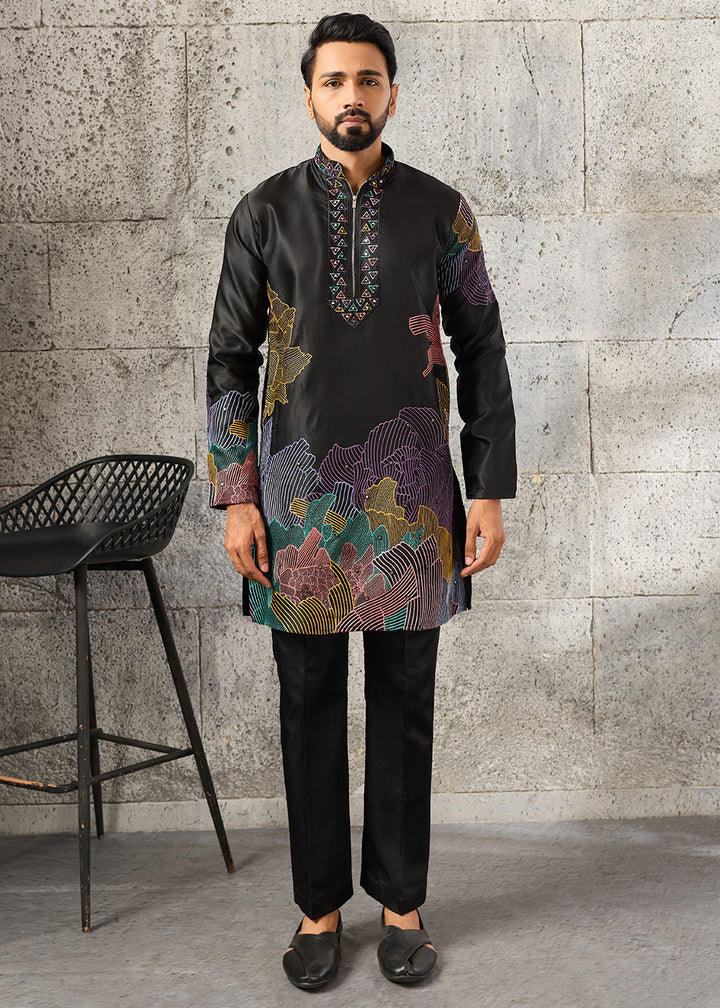 Grease Black Silk Festive Kurta Pajama Set with Intricate Sequin Detailing