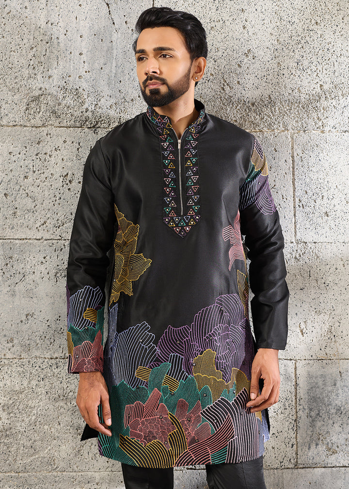 Grease Black Silk Festive Kurta Pajama Set with Intricate Sequin Detailing