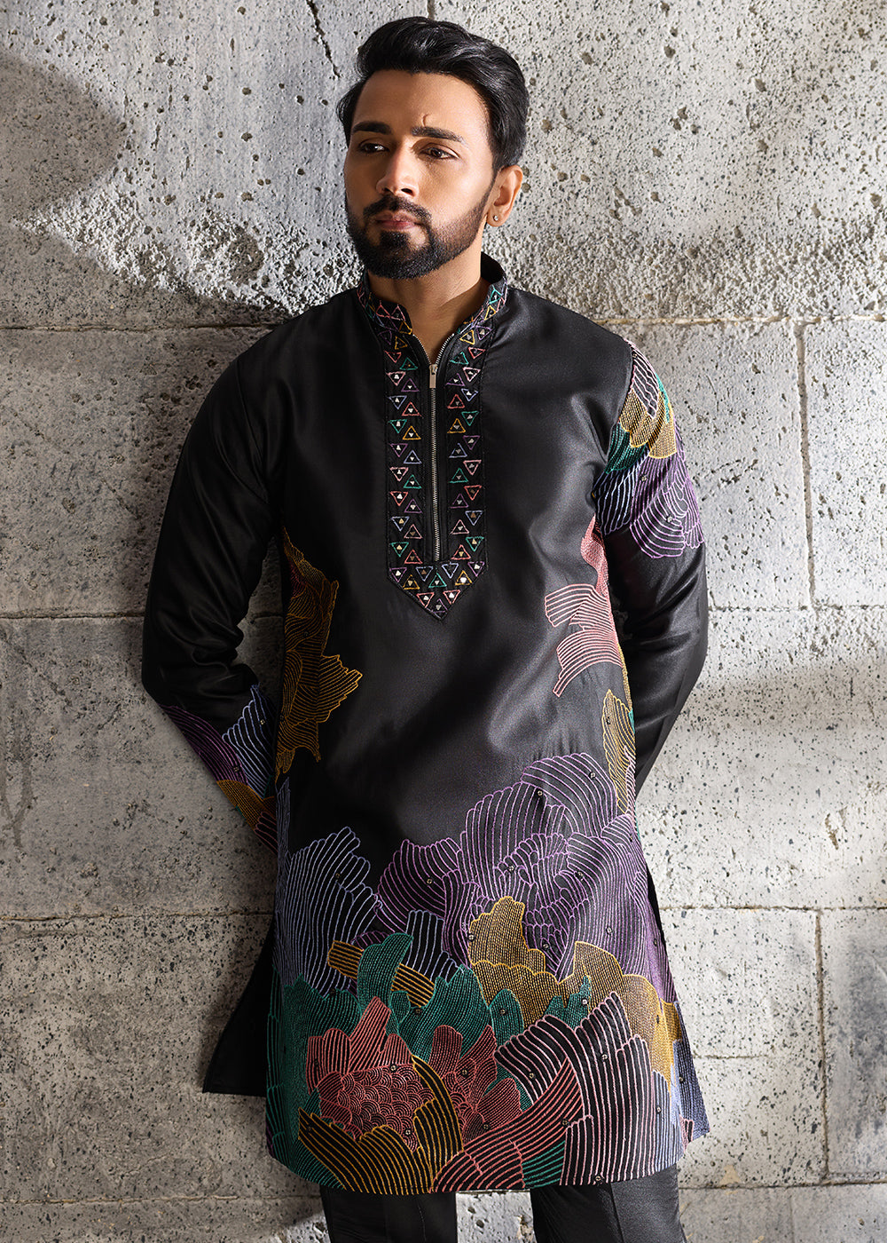 Grease Black Silk Festive Kurta Pajama Set with Intricate Sequin Detailing