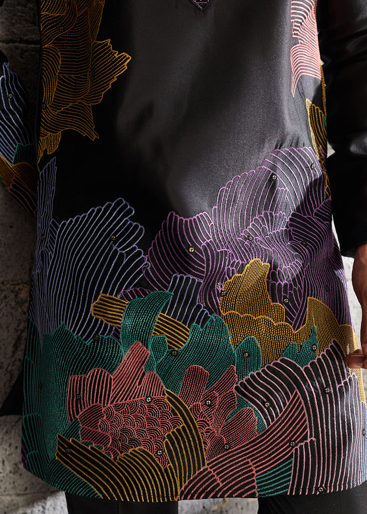 Grease Black Silk Festive Kurta Pajama Set with Intricate Sequin Detailing