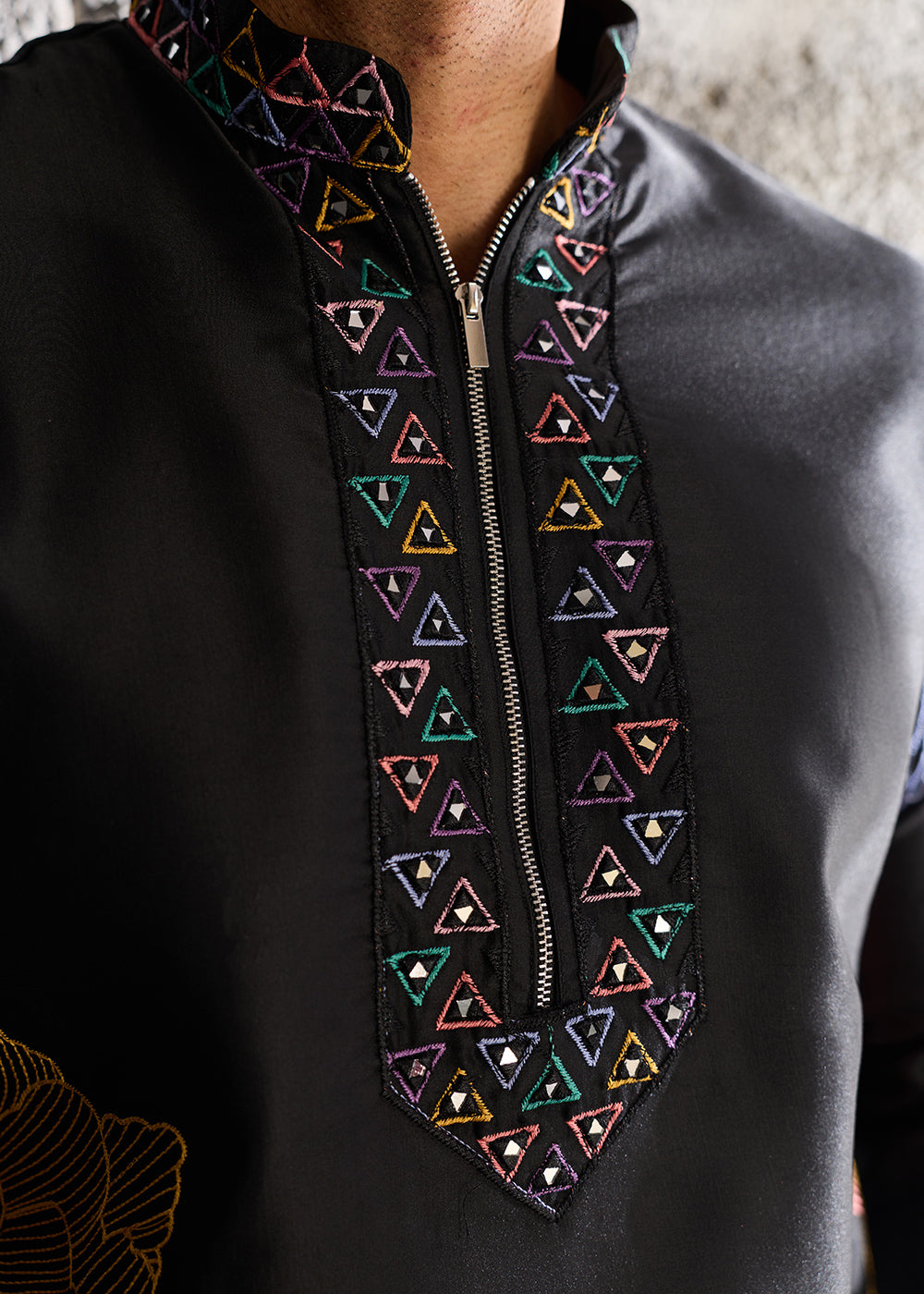 Grease Black Silk Festive Kurta Pajama Set with Intricate Sequin Detailing