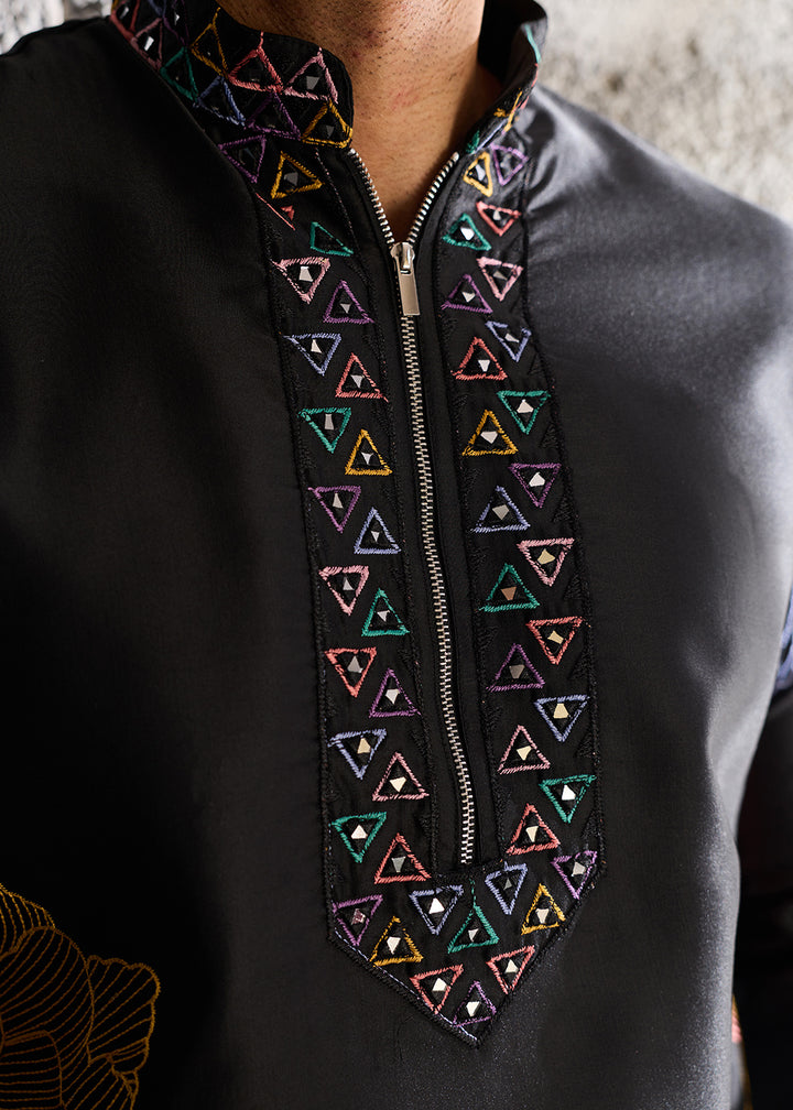 Grease Black Silk Festive Kurta Pajama Set with Intricate Sequin Detailing