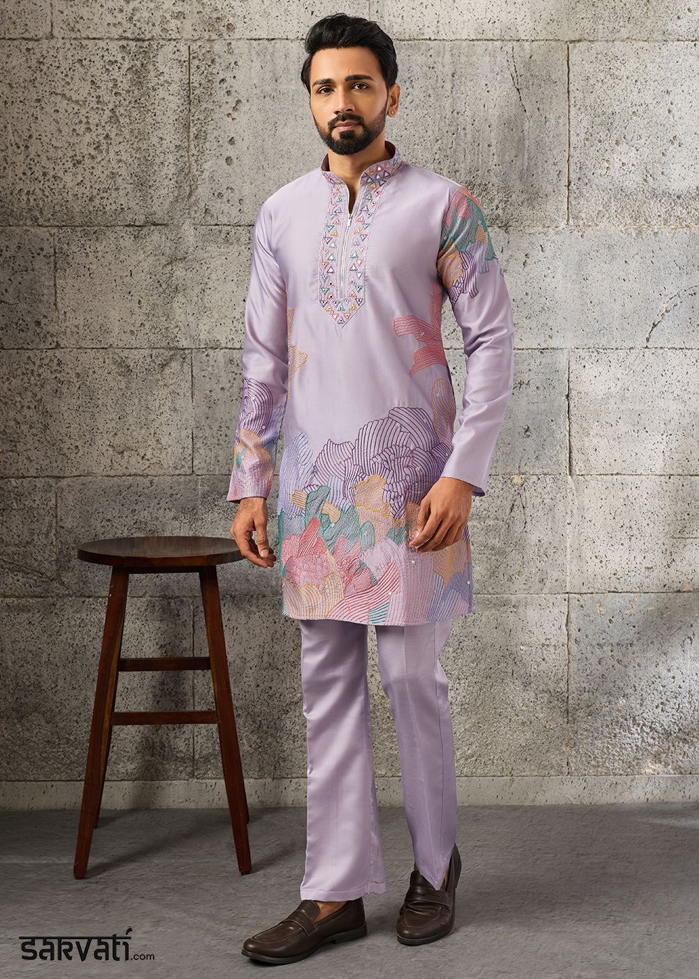 Pastel Purple Silk Festive Kurta Pajama Set with Intricate Sequin Detailing