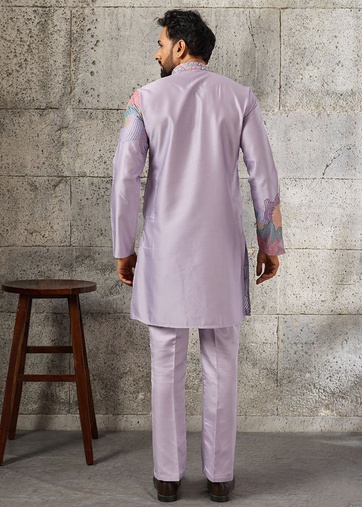 Pastel Purple Silk Festive Kurta Pajama Set with Intricate Sequin Detailing