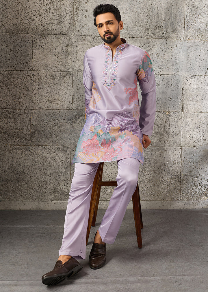 Pastel Purple Silk Festive Kurta Pajama Set with Intricate Sequin Detailing