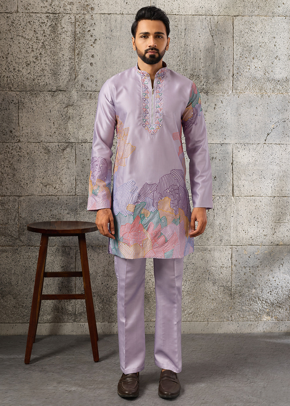 Pastel Purple Silk Festive Kurta Pajama Set with Intricate Sequin Detailing