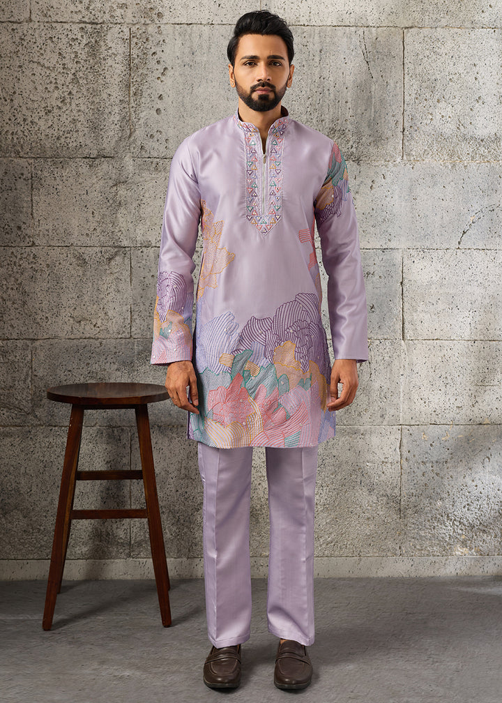 Pastel Purple Silk Festive Kurta Pajama Set with Intricate Sequin Detailing