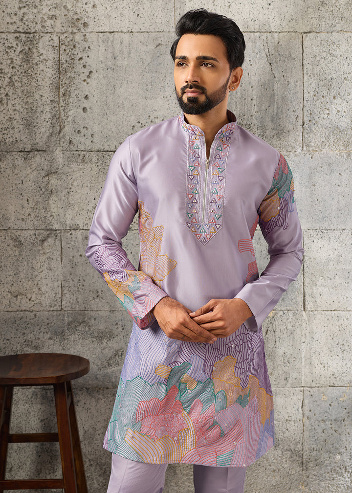 Pastel Purple Silk Festive Kurta Pajama Set with Intricate Sequin Detailing