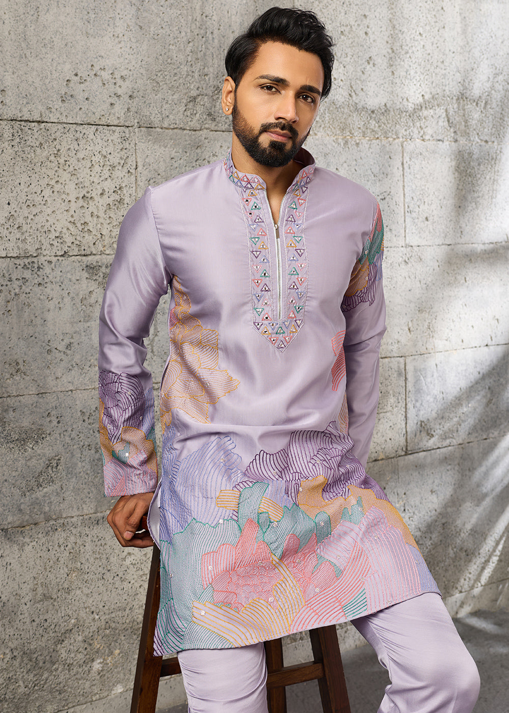 Pastel Purple Silk Festive Kurta Pajama Set with Intricate Sequin Detailing