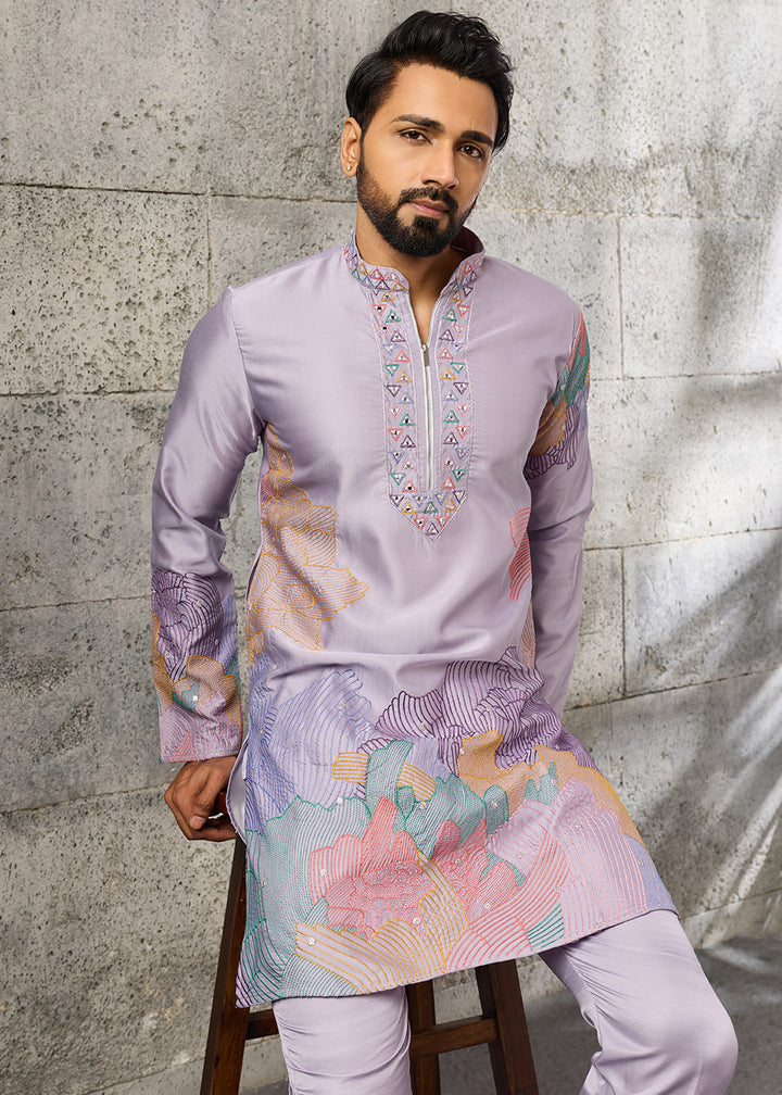 Pastel Purple Silk Festive Kurta Pajama Set with Intricate Sequin Detailing