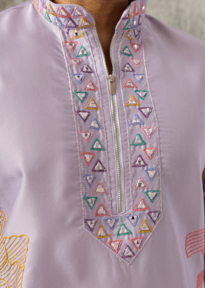 Pastel Purple Silk Festive Kurta Pajama Set with Intricate Sequin Detailing