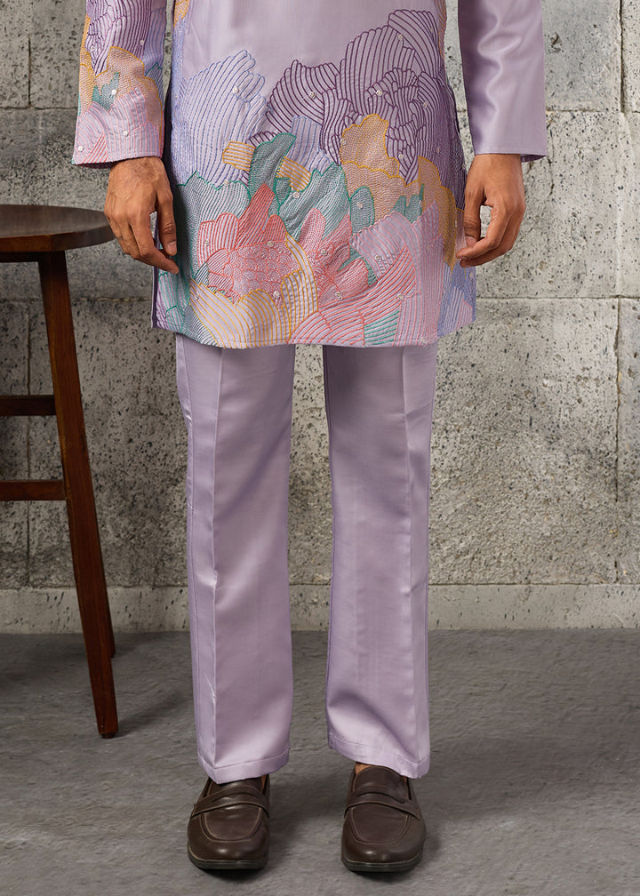 Pastel Purple Silk Festive Kurta Pajama Set with Intricate Sequin Detailing
