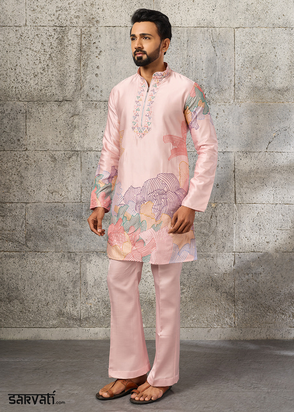 Peach Pink Silk Festive Kurta Pajama Set with Intricate Sequin Detailing