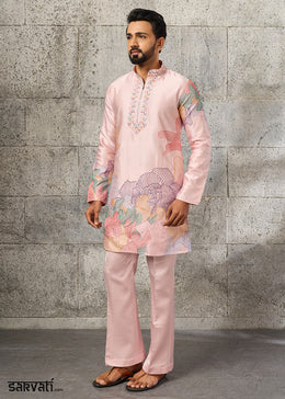 Peach Pink Silk Festive Kurta Pajama Set with Intricate Sequin Detailing