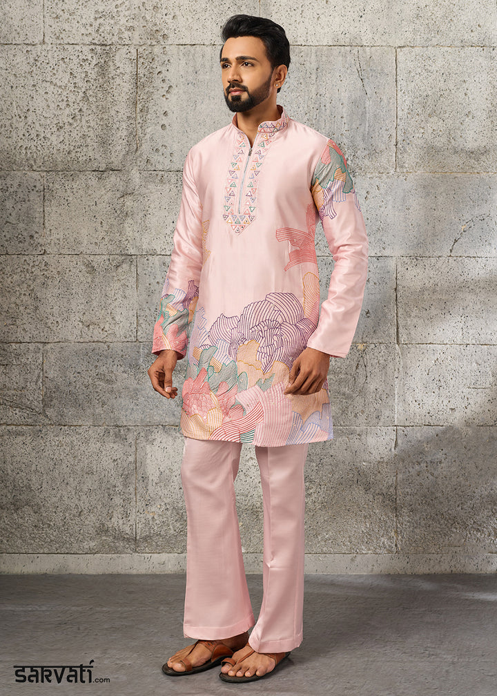 Peach Pink Silk Festive Kurta Pajama Set with Intricate Sequin Detailing