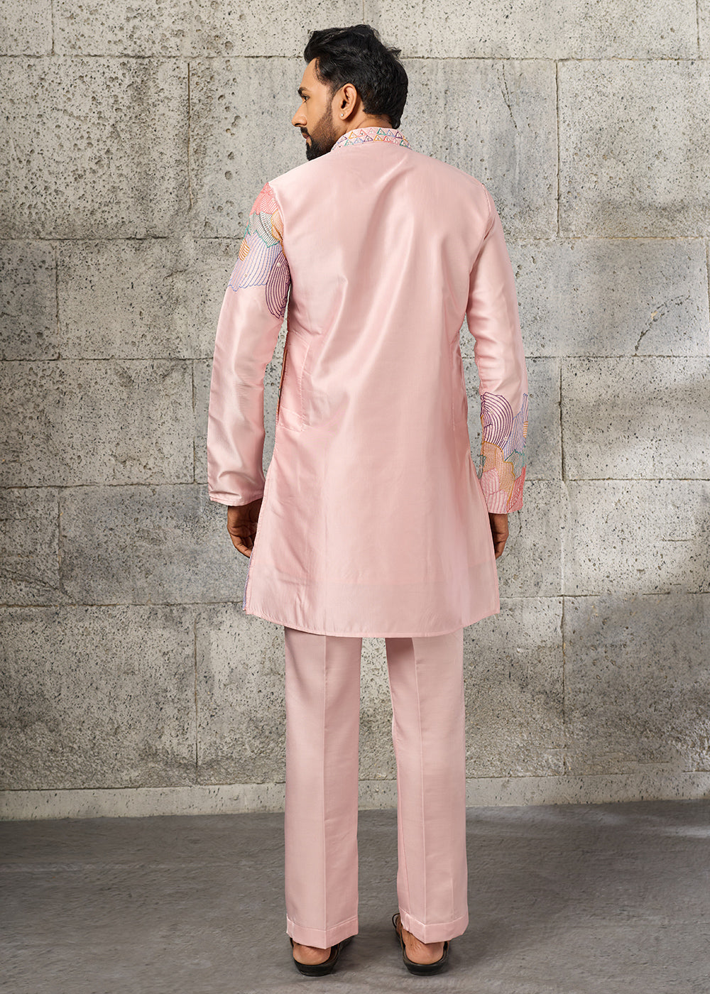 Peach Pink Silk Festive Kurta Pajama Set with Intricate Sequin Detailing