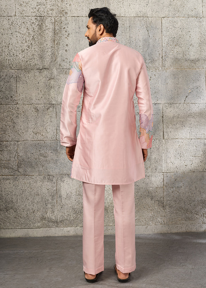 Peach Pink Silk Festive Kurta Pajama Set with Intricate Sequin Detailing