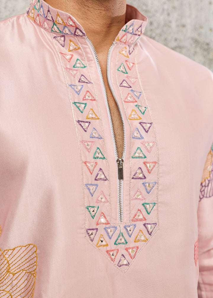 Peach Pink Silk Festive Kurta Pajama Set with Intricate Sequin Detailing