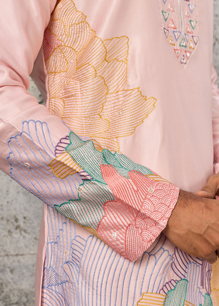 Peach Pink Silk Festive Kurta Pajama Set with Intricate Sequin Detailing