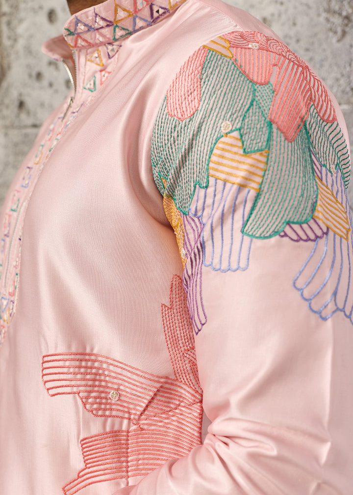 Peach Pink Silk Festive Kurta Pajama Set with Intricate Sequin Detailing