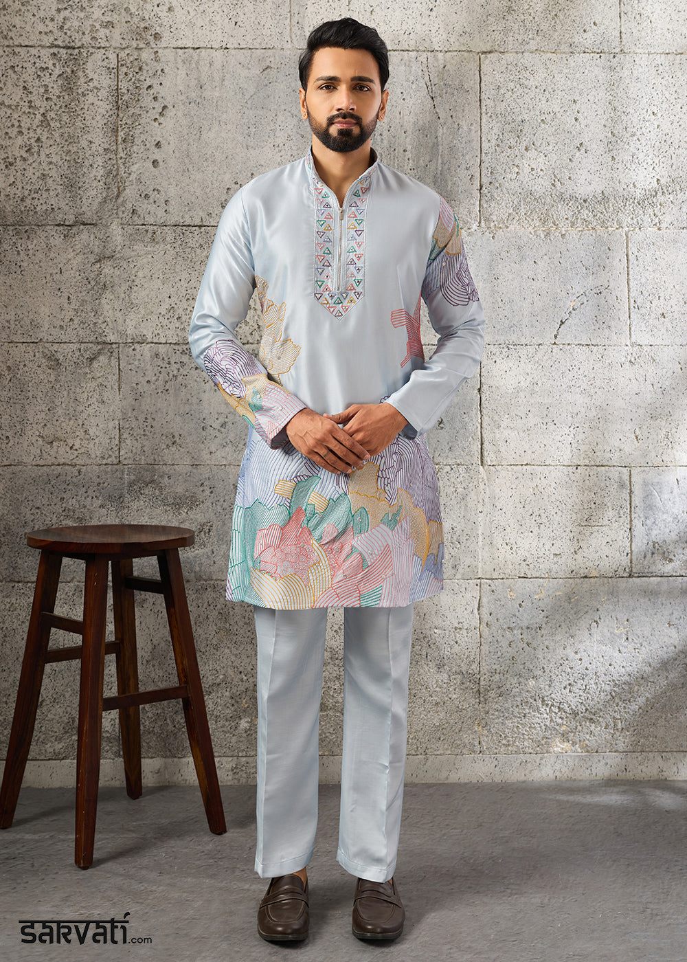 Light Blue Silk Festive Kurta Pajama Set with Intricate Sequin Detailing