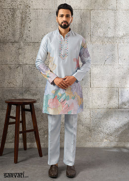 Light Blue Silk Festive Kurta Pajama Set with Intricate Sequin Detailing