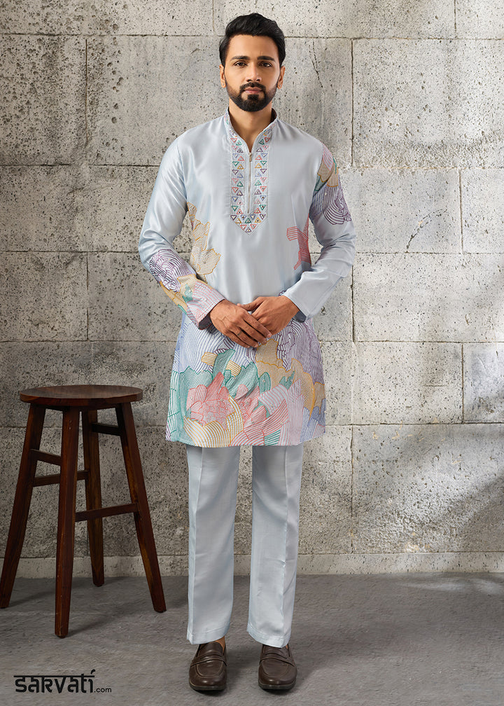 Light Blue Silk Festive Kurta Pajama Set with Intricate Sequin Detailing