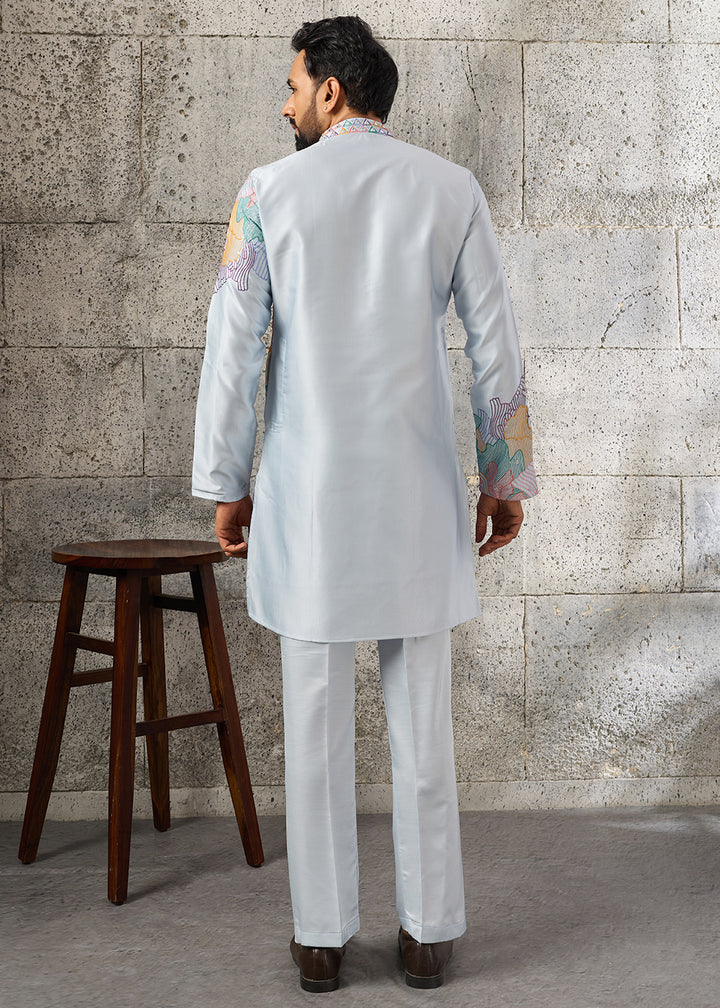 Light Blue Silk Festive Kurta Pajama Set with Intricate Sequin Detailing