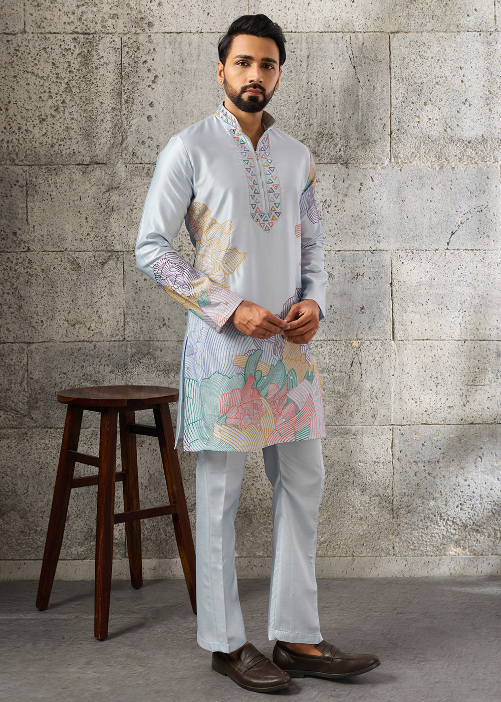 Light Blue Silk Festive Kurta Pajama Set with Intricate Sequin Detailing