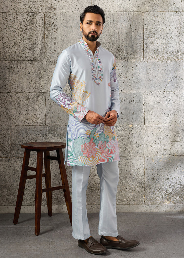 Light Blue Silk Festive Kurta Pajama Set with Intricate Sequin Detailing