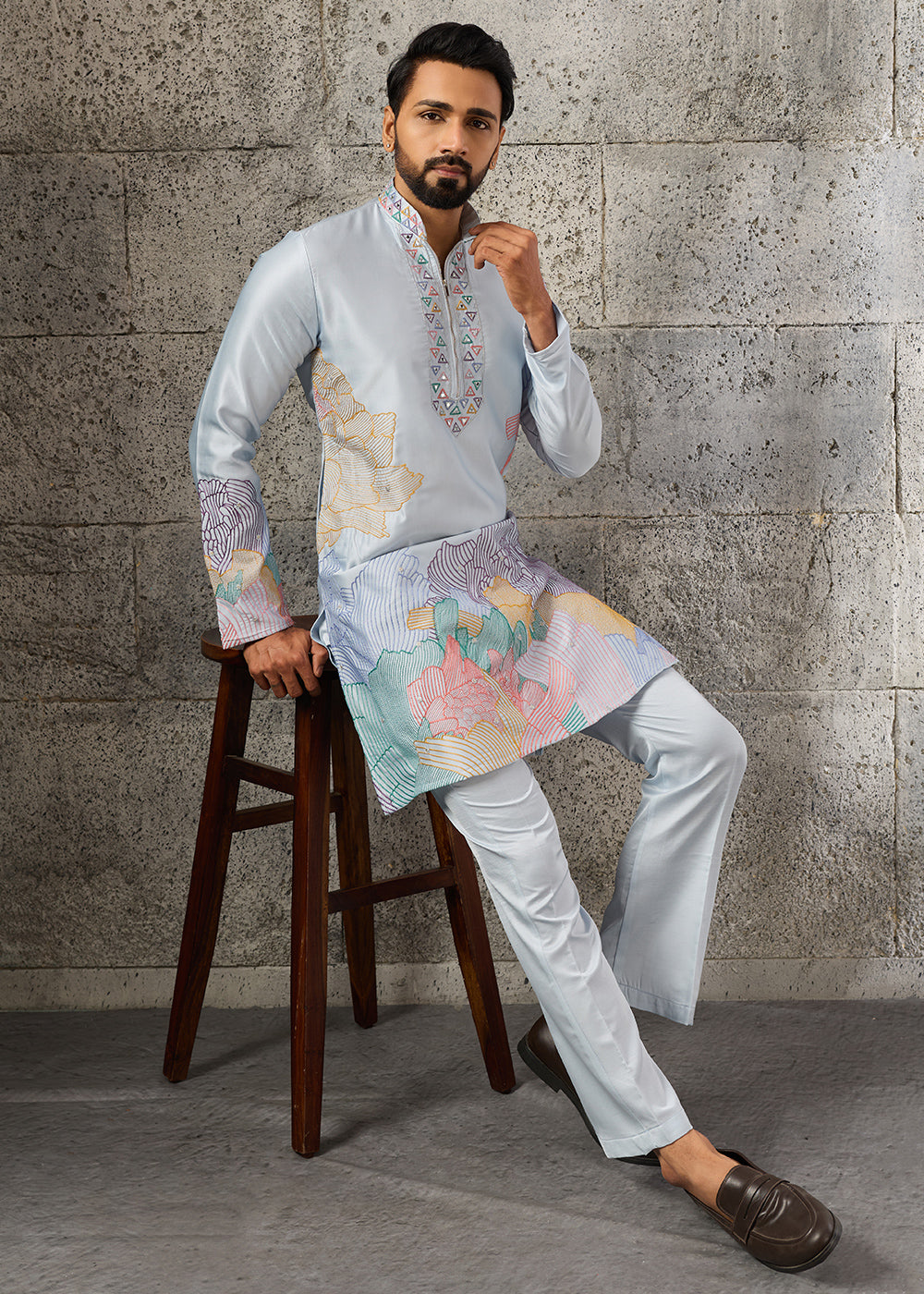 Light Blue Silk Festive Kurta Pajama Set with Intricate Sequin Detailing