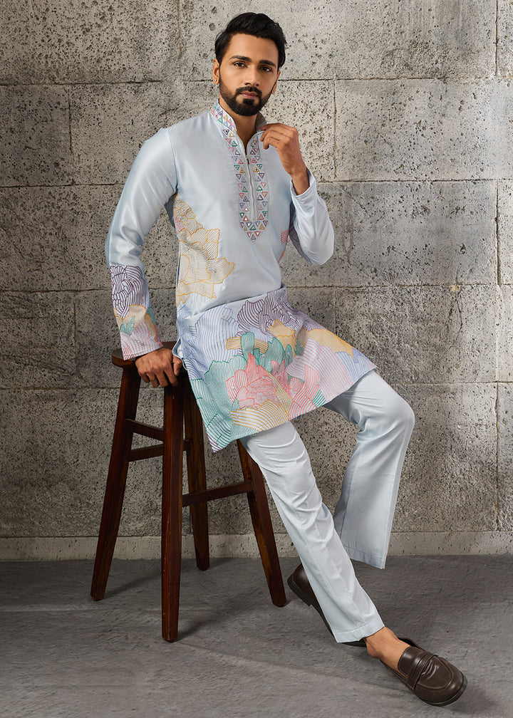 Light Blue Silk Festive Kurta Pajama Set with Intricate Sequin Detailing