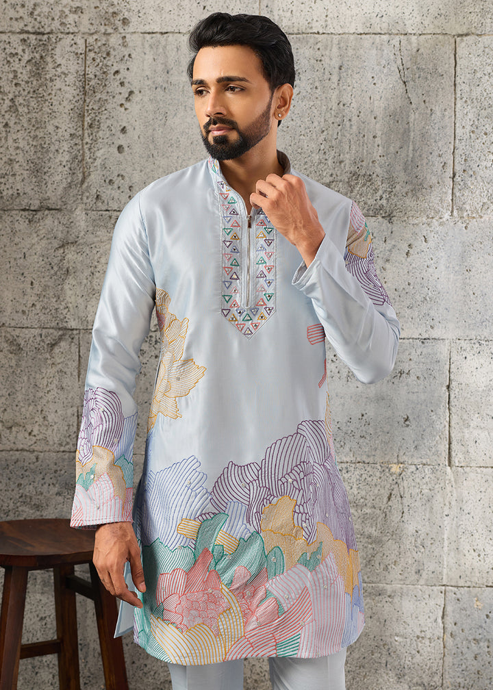 Light Blue Silk Festive Kurta Pajama Set with Intricate Sequin Detailing