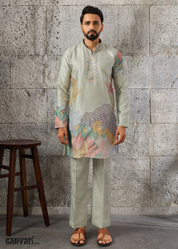 Tea Green Silk Festive Kurta Pajama Set with Intricate Sequin Detailing
