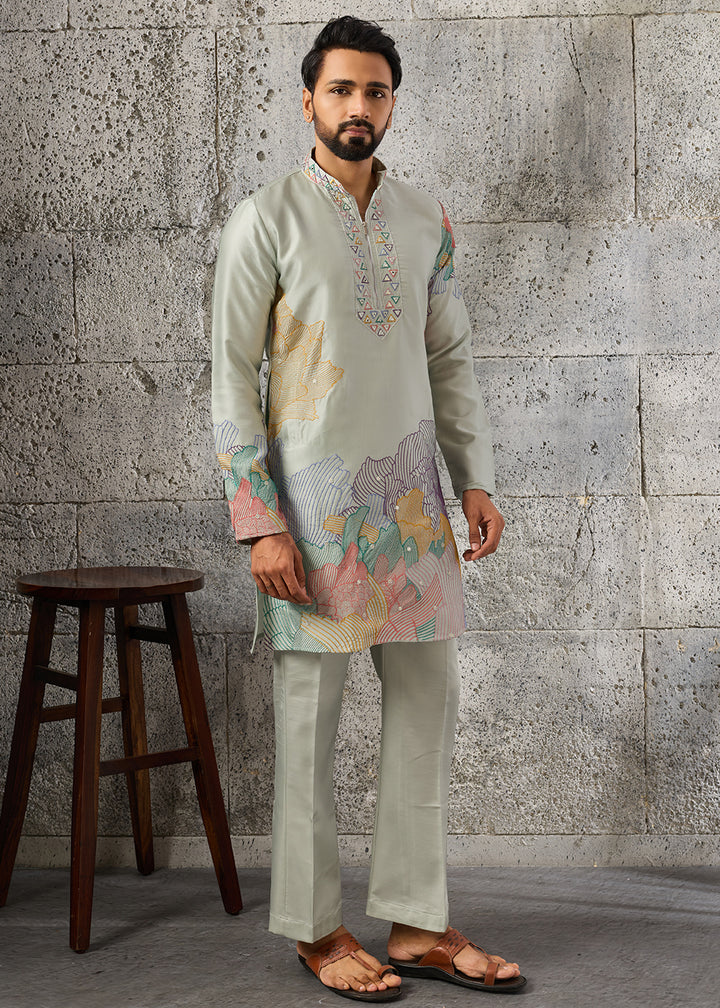 Tea Green Silk Festive Kurta Pajama Set with Intricate Sequin Detailing