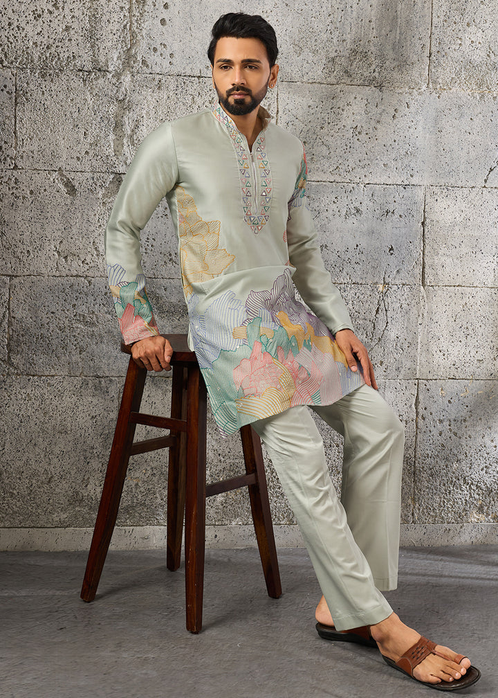 Tea Green Silk Festive Kurta Pajama Set with Intricate Sequin Detailing