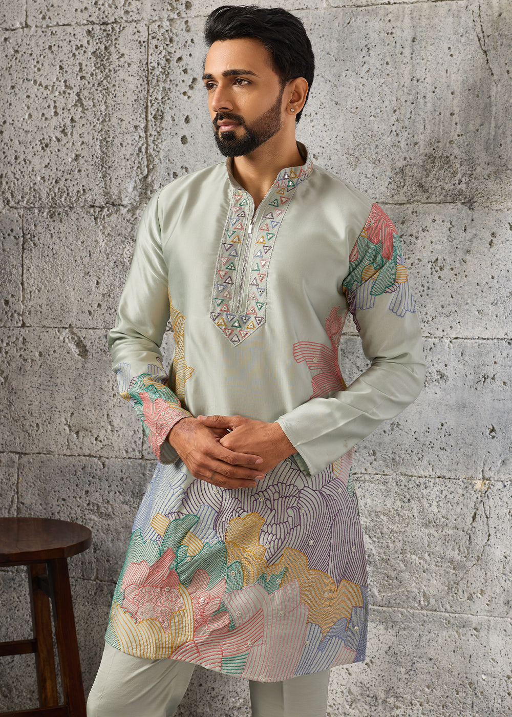 Tea Green Silk Festive Kurta Pajama Set with Intricate Sequin Detailing