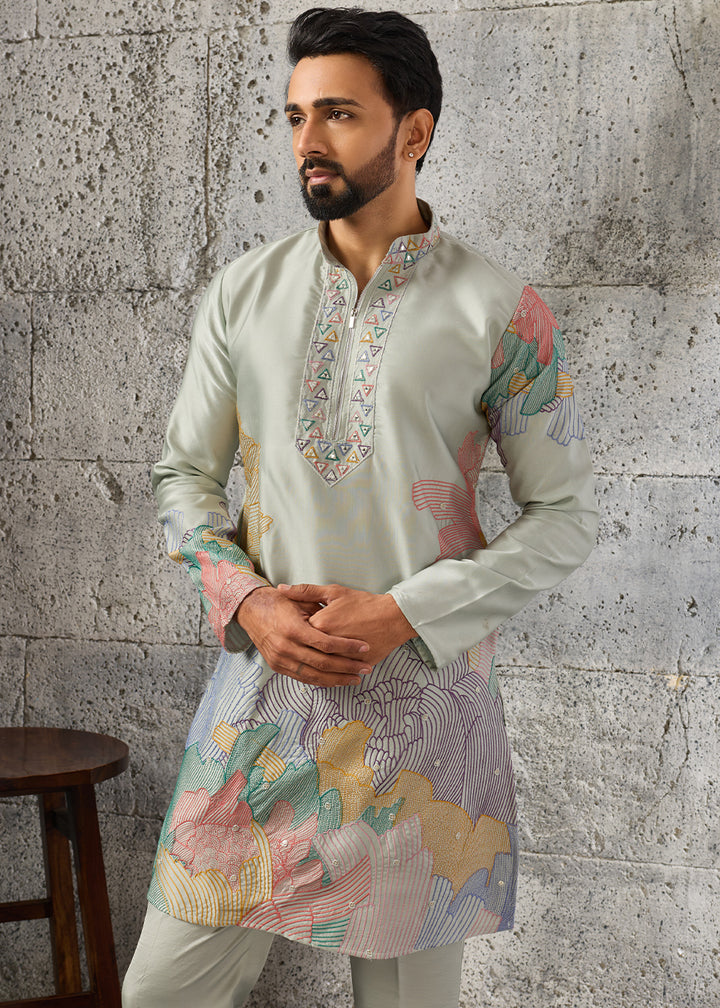 Tea Green Silk Festive Kurta Pajama Set with Intricate Sequin Detailing