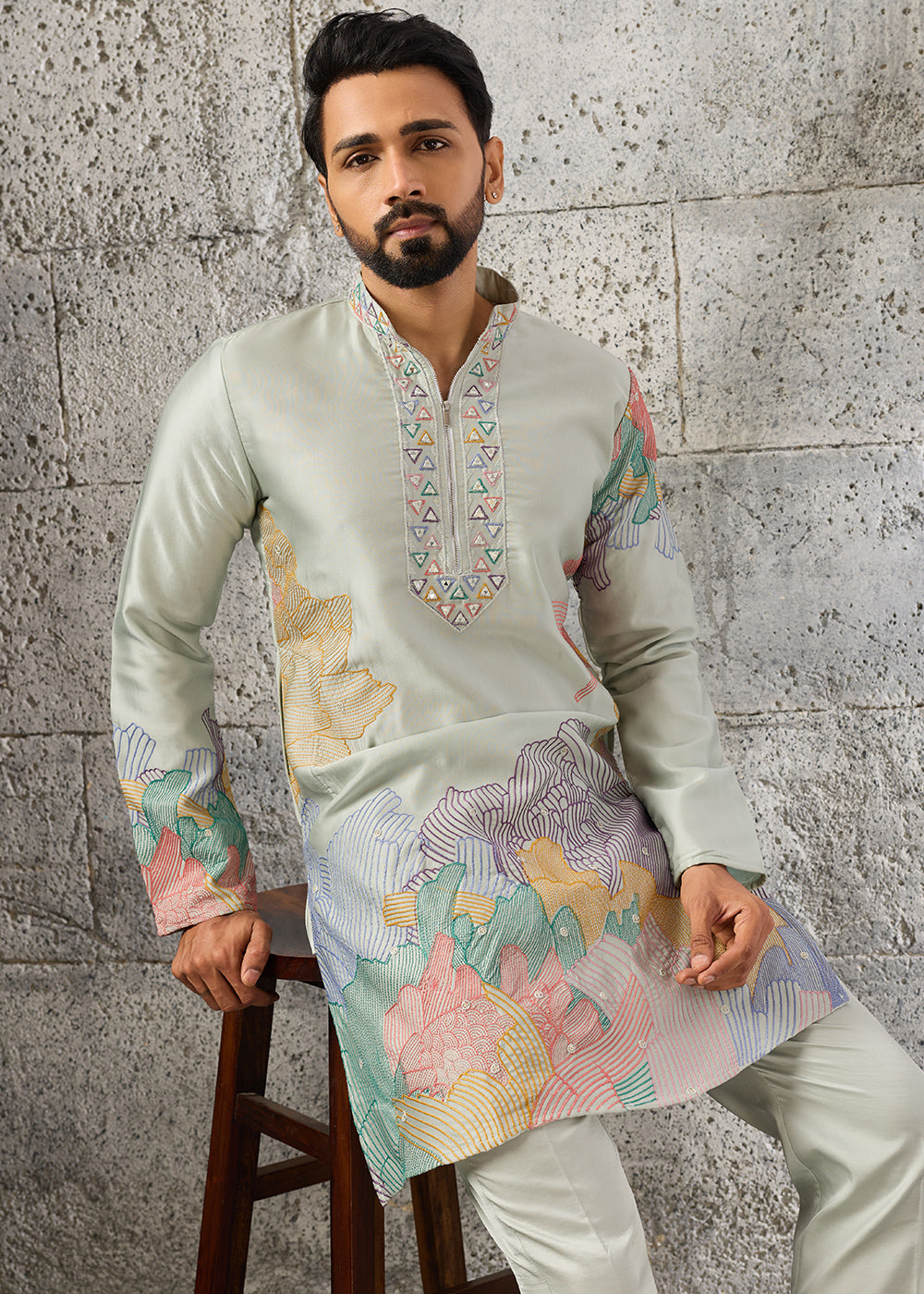Tea Green Silk Festive Kurta Pajama Set with Intricate Sequin Detailing