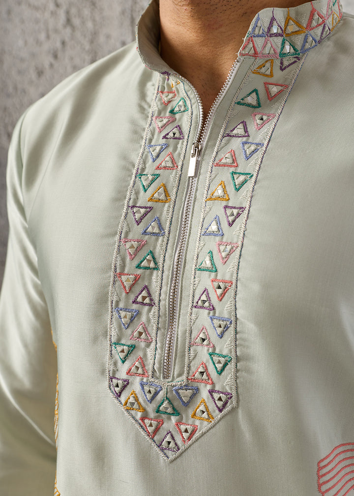 Tea Green Silk Festive Kurta Pajama Set with Intricate Sequin Detailing