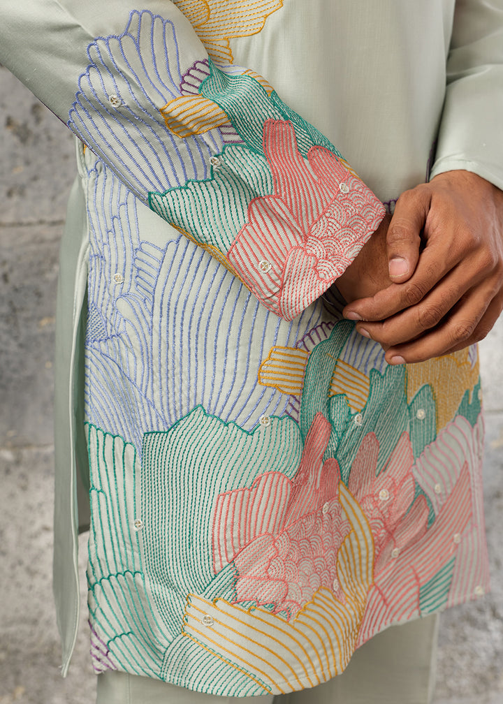 Tea Green Silk Festive Kurta Pajama Set with Intricate Sequin Detailing