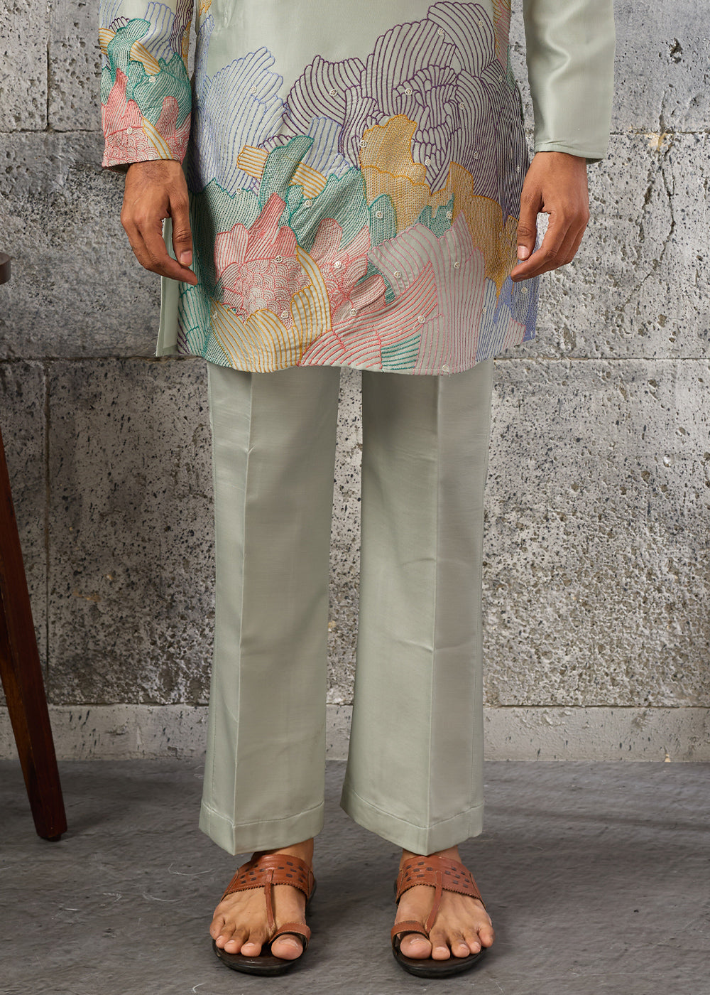 Tea Green Silk Festive Kurta Pajama Set with Intricate Sequin Detailing