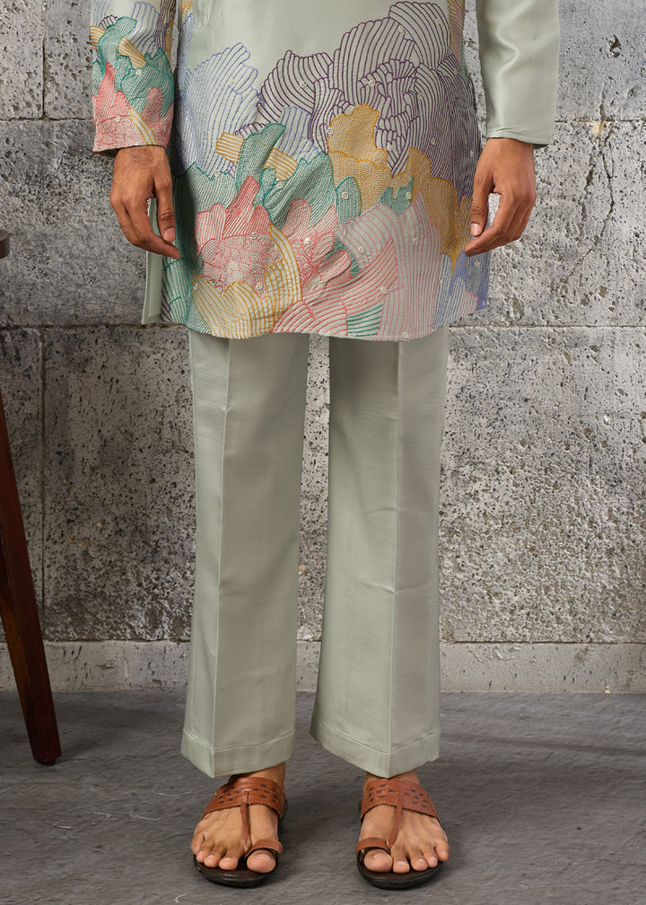 Tea Green Silk Festive Kurta Pajama Set with Intricate Sequin Detailing