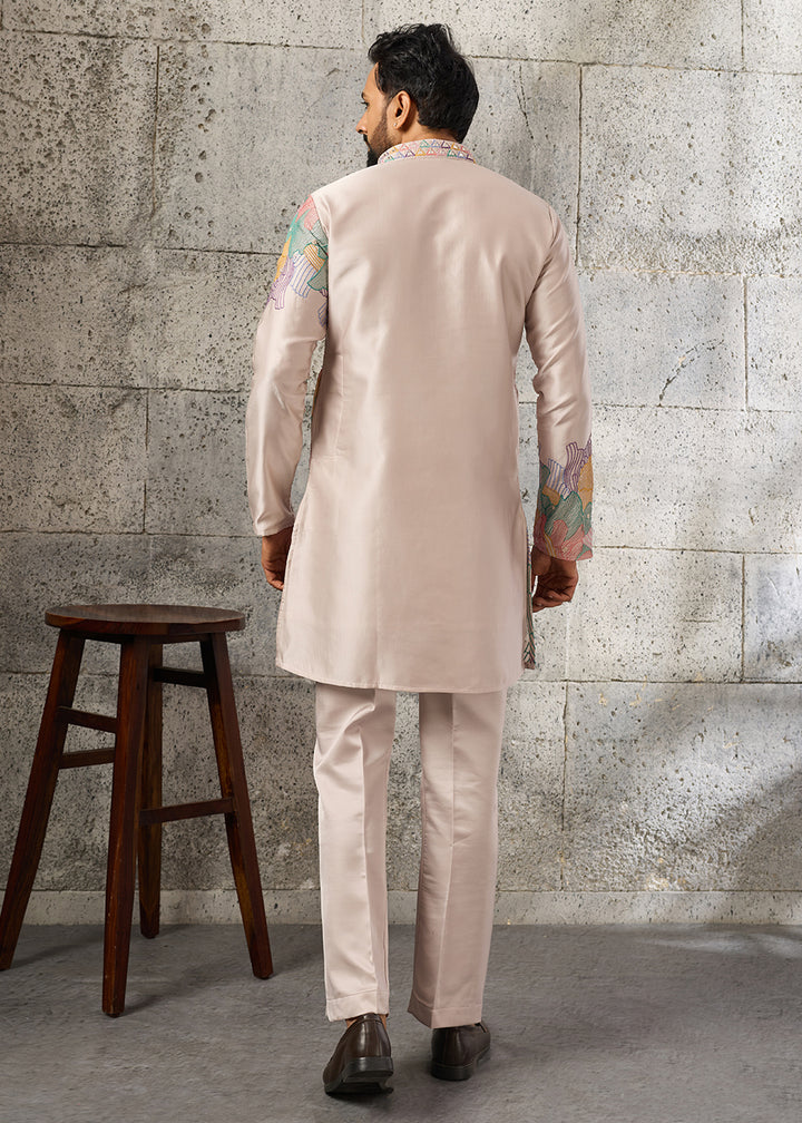 Light Salmon Pink Silk Festive Kurta Pajama Set with Intricate Sequin Detailing